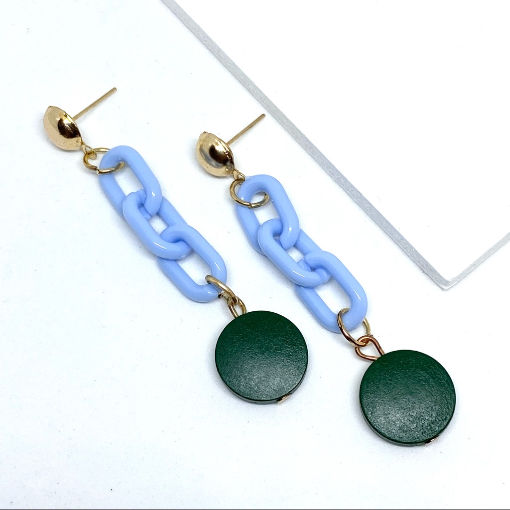 3/$30 Blue Green Retro Style 90s Y2k Chain Link Long Dangle Earrings D38